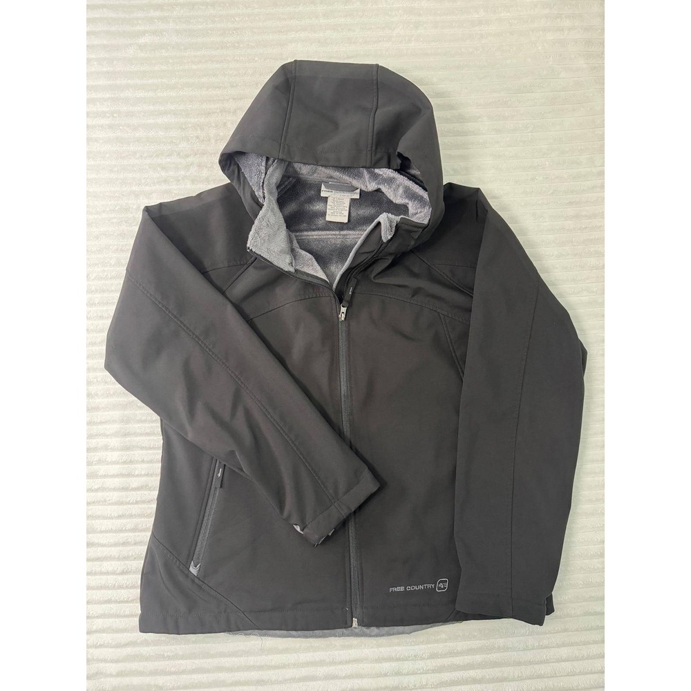 Free Country Womens Softshell Jacket Black Faux Fur Fleece Lined Hooded XL